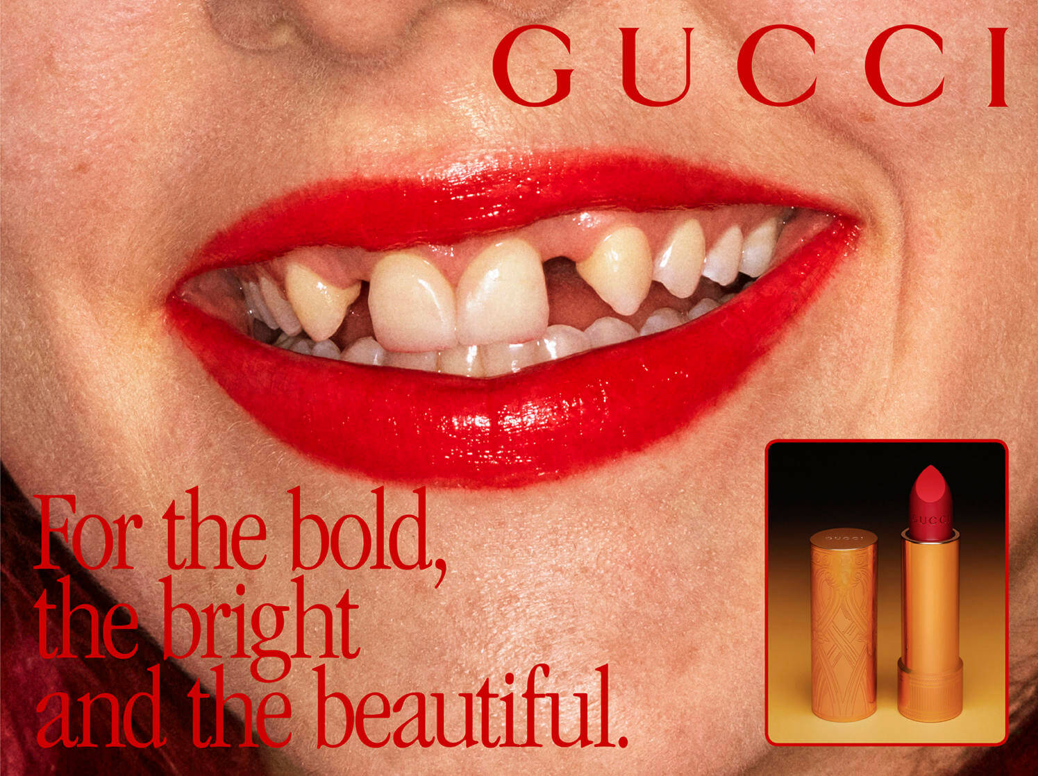 gucci missing teeth beauty lipstick campaign dani miller pop incisors lateral makeup line brief culture history simmonds christopher praised models